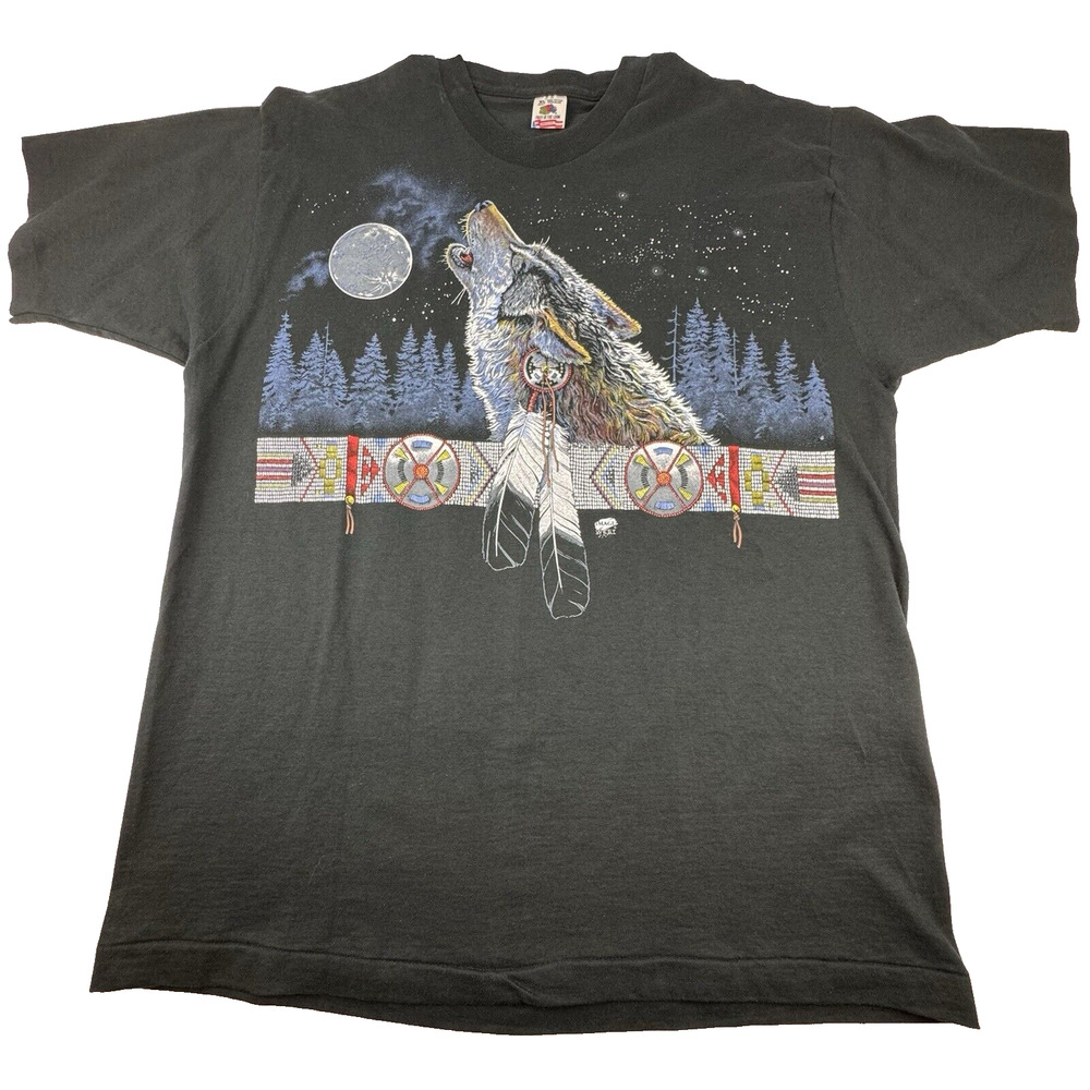 Vintage SS Wolf Native American Tee Shirt Men's XL Black Faded T-Shirt USA 90s